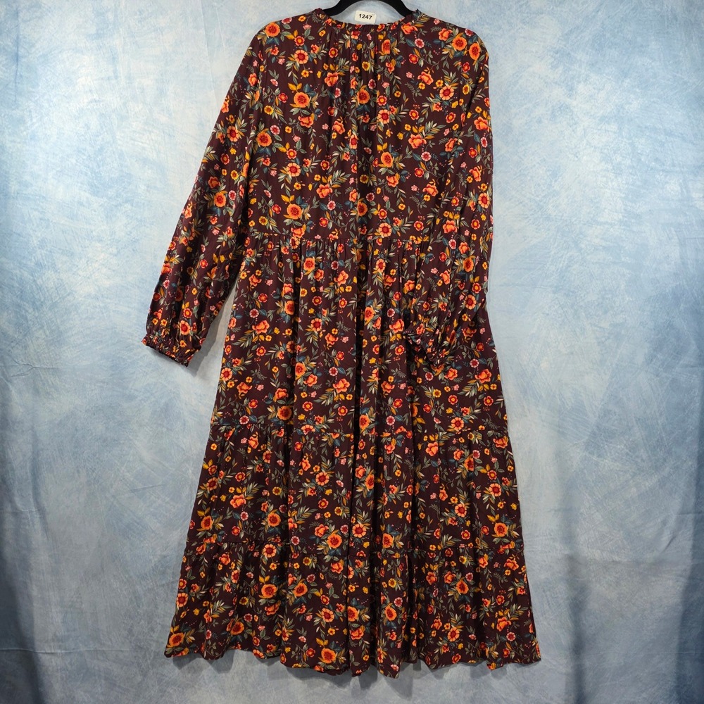Old Navy Womens Floral Tiered Midi Dress Burgundy Long Sleeve Maroon Size M - Picture 7 of 9